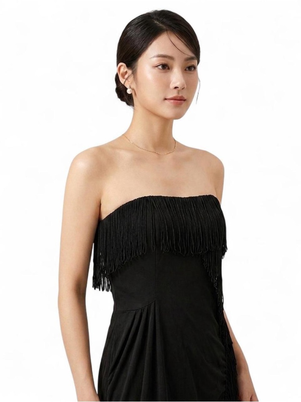 Gai Mattiolo Black Fringe Strapless Dress Size 8 Cocktail Evening Party